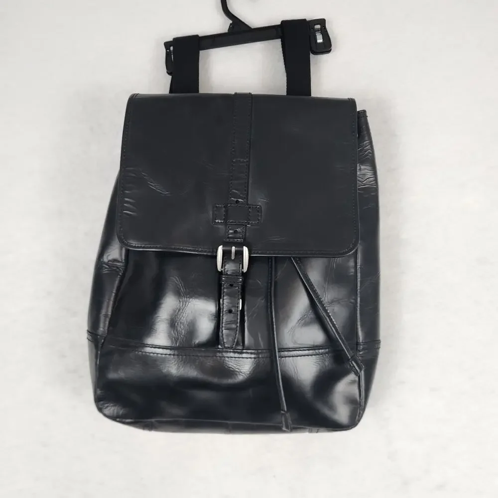 NWT Fossil Rucksack Black Emerson Leather Woven Canvas Straps Tassel Drawstring